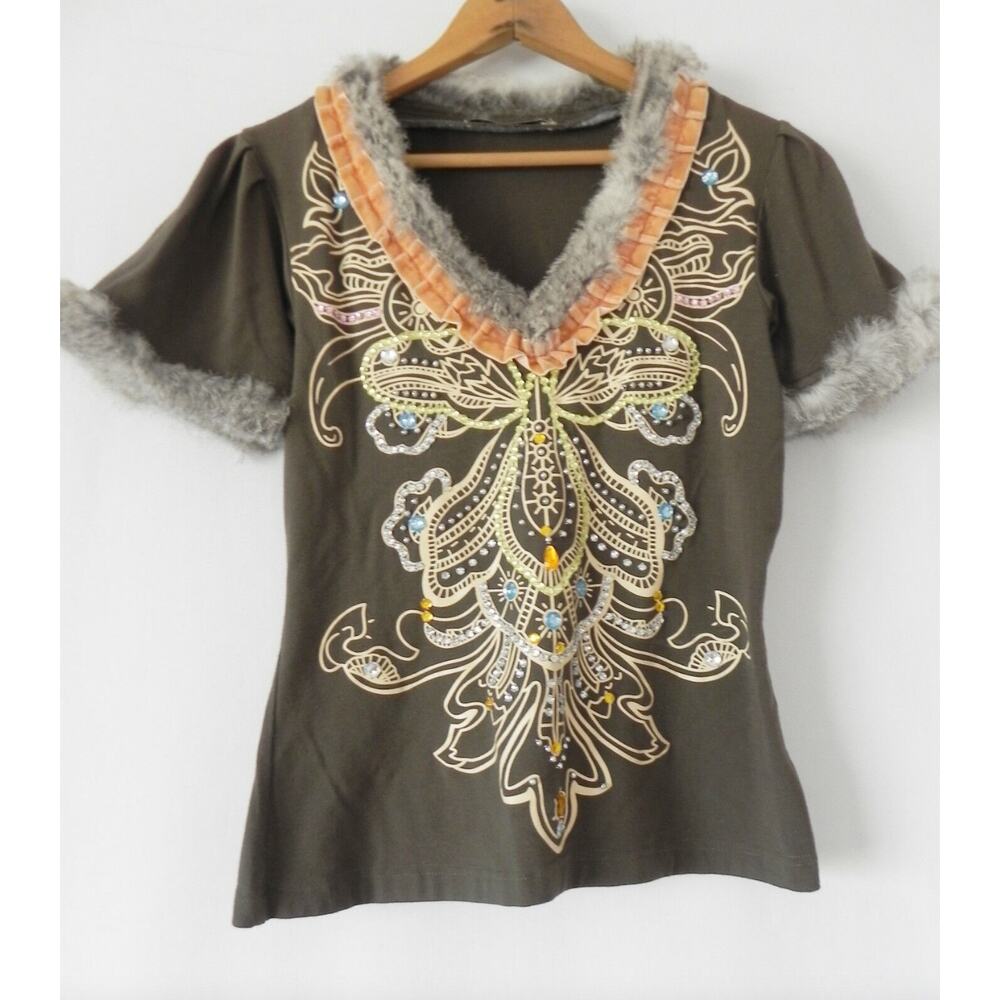 Vintage Free for Humanity Jeweled Beadazzled Med Olive Green Rabbit Fur Trim Top